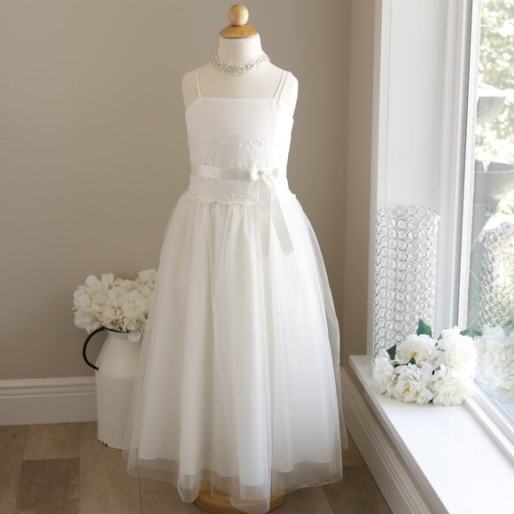 Ivory Formal Flower Girl Dress Tulle Sequins Pearls Satin Trim Size 7 - Picture 1 of 7